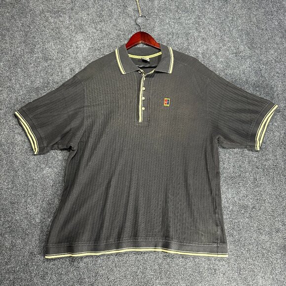 Nike Polo Shirt Mens Large Gray Ribbed Sweater Knit Short Sleeve Buttons Logo - Picture 1 of 11